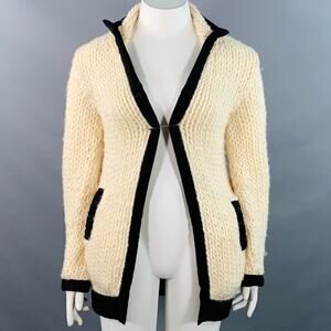 YOHJI YAMAMOTO Size L Cream Black Wool Contrast Trim Cardigan